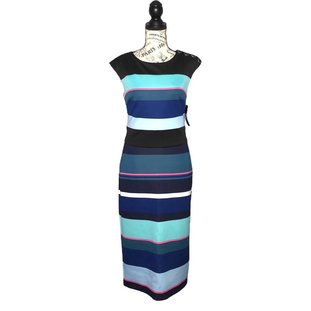 NY&Co (XS) Colorblock Striped Sleeveless Button Shoulder Detail Sheath Dress